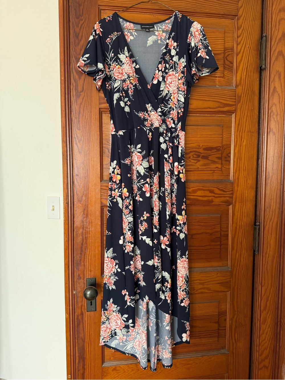 Fortune + Ivy Floral Navy High-Low Wrap Dress with Pink Blooms